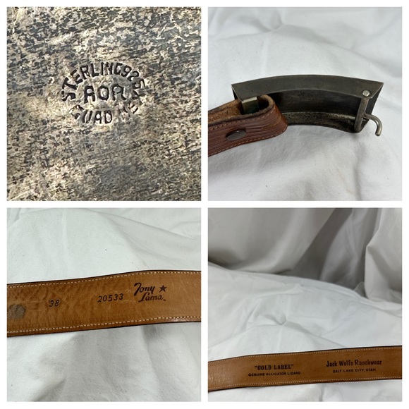 Vintage sterling 925 abalone belt buckle marlin Tony Lama lizard Mexico size 38 - Picture 5 of 15